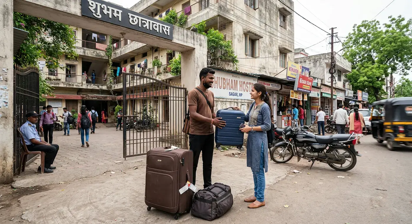 Luggage courier pickup at student hostel gate in Sagar