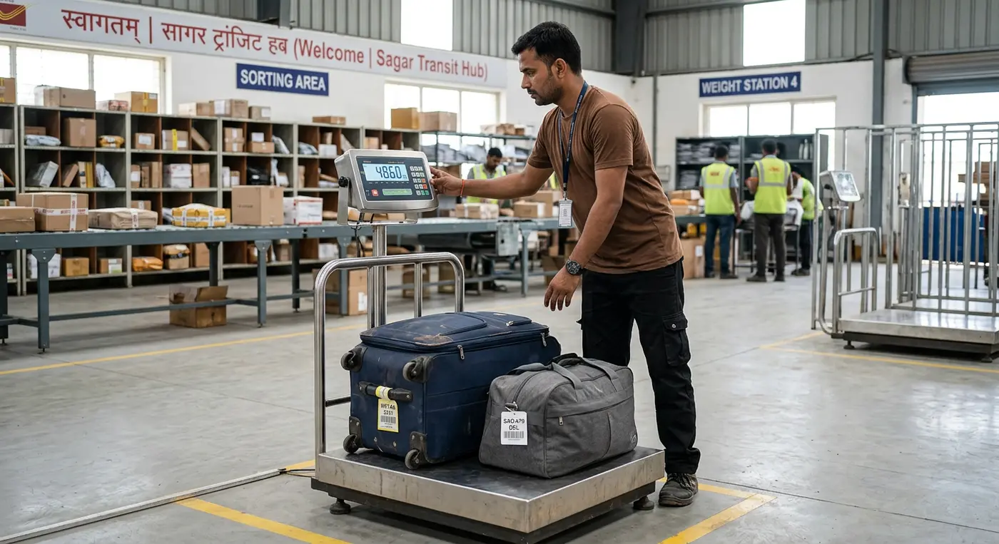 Digital weighing verification of luggage at Sagar transit hub