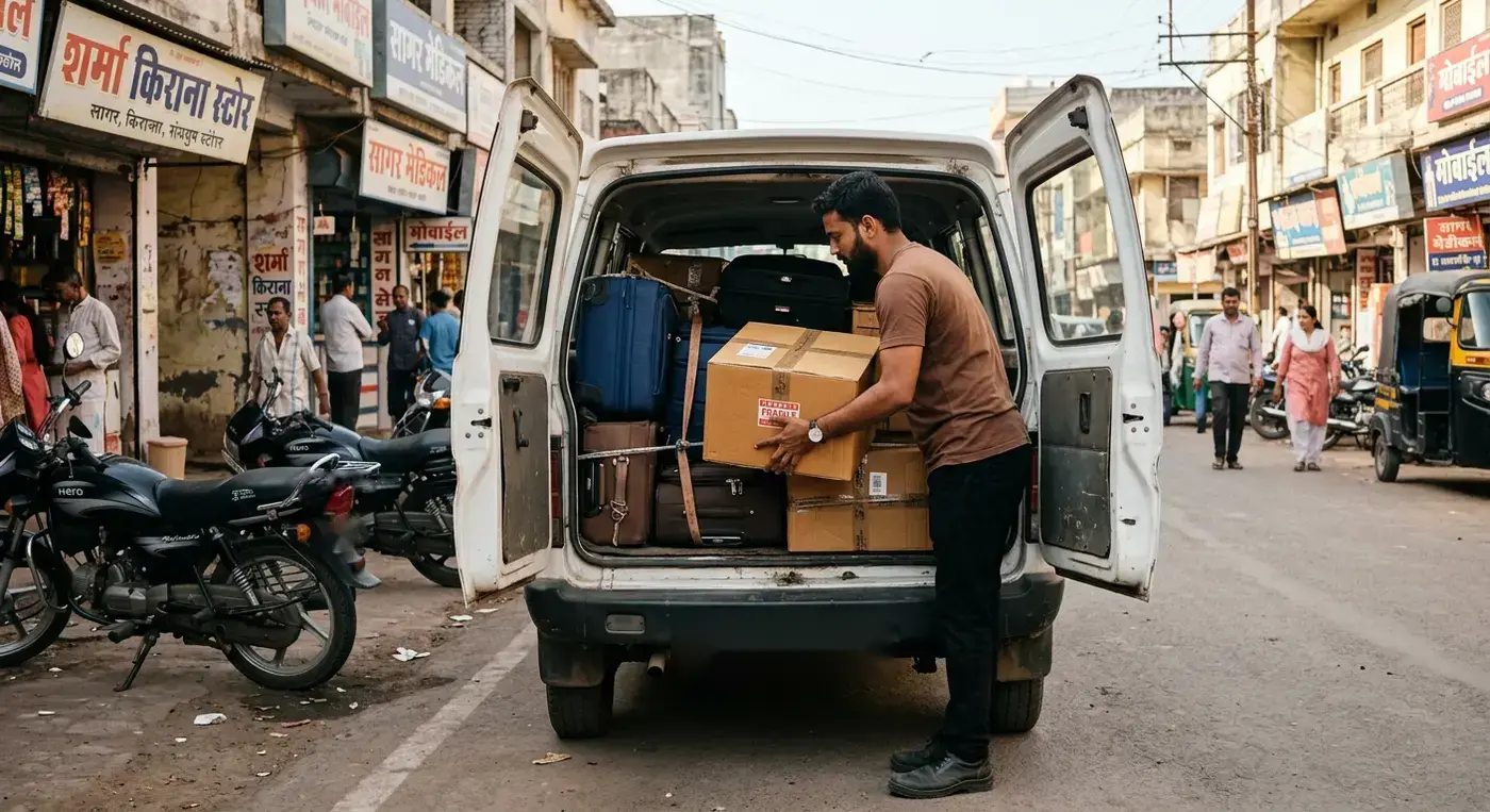 Staff loading sealed luggage and parcels into courier vehicle in Sagar