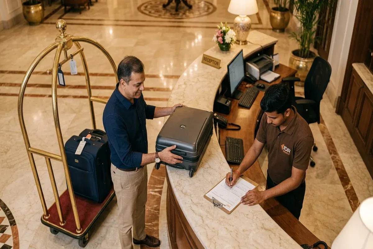 Courier executive collecting a suitcase from a traveller at a hotel reception