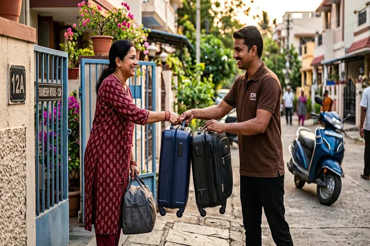 Courier executive collecting suitcases from a customer at a doorstep