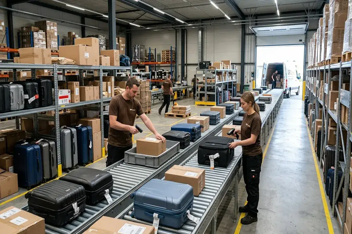 Luggage and parcels being sorted at a courier logistics facility