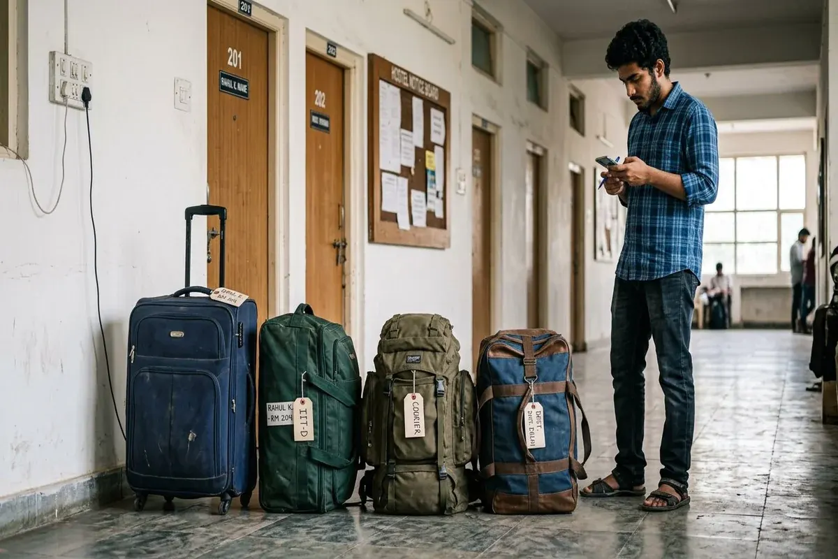 Student luggage and hostel bags ready for courier in a college corridor