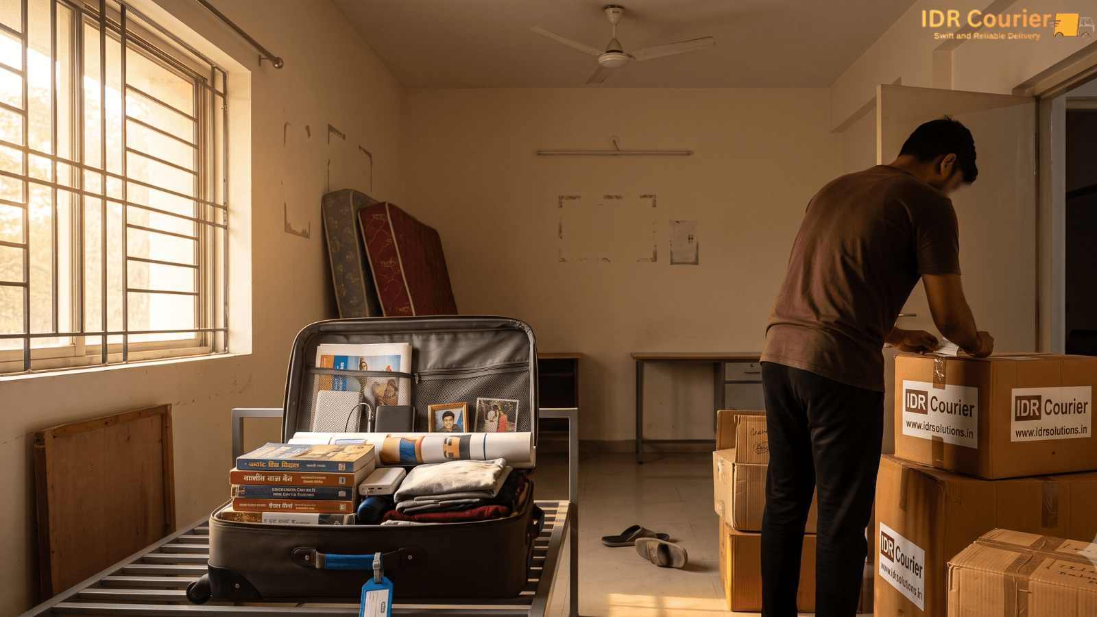 Student hostel trunk and luggage being collected for courier in Ujjain