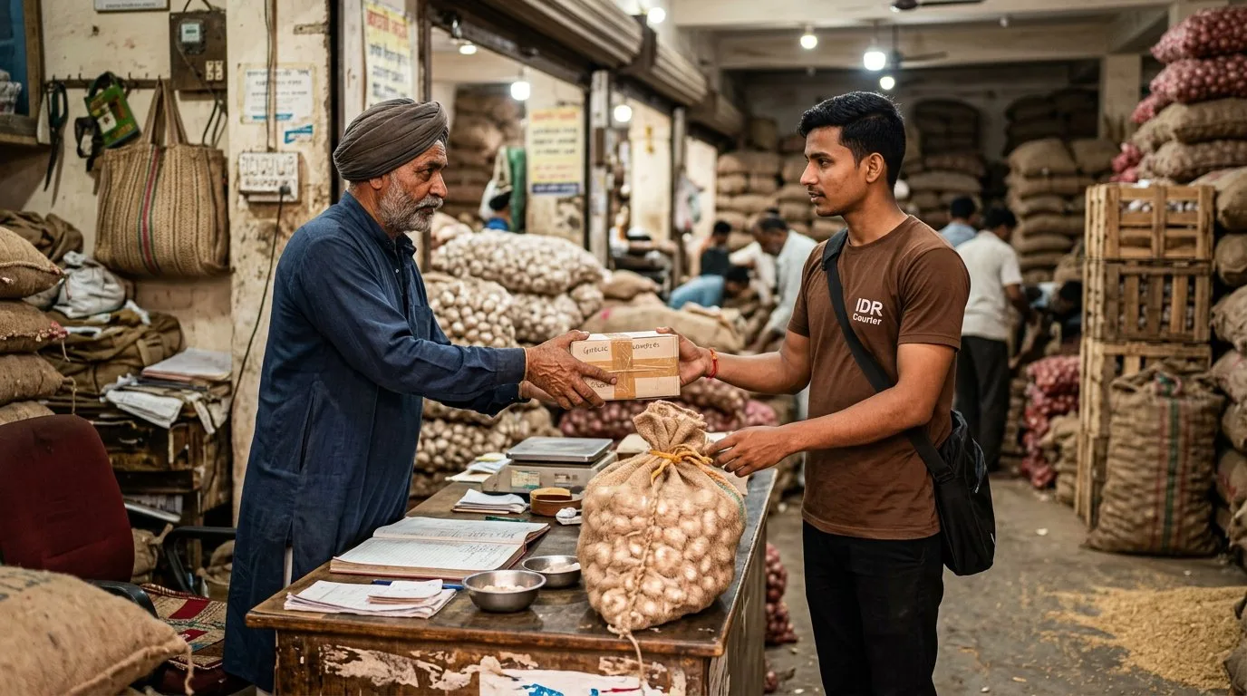Mandsaur agri trader handing sealed sample cartons to an IDR courier executive at the mandi shop