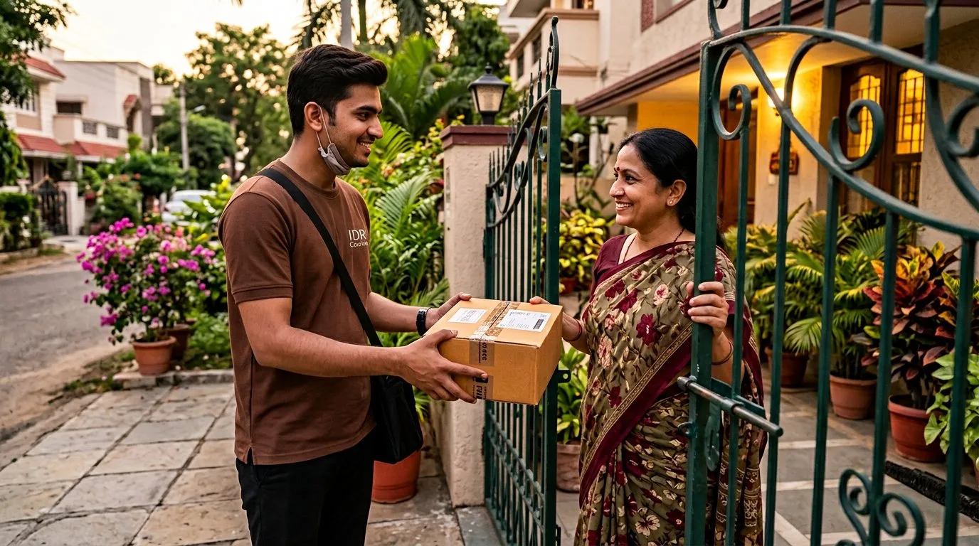 Receiver accepting a sealed parcel at a home gate after delivery from Mandsaur