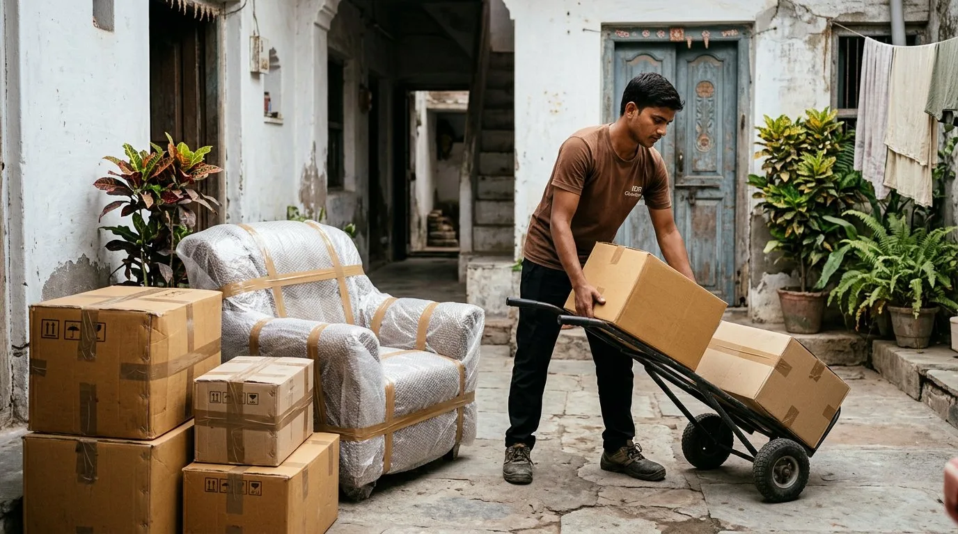 Wrapped sofa and sealed household cartons being moved onto a trolley for courier pickup in Mandsaur