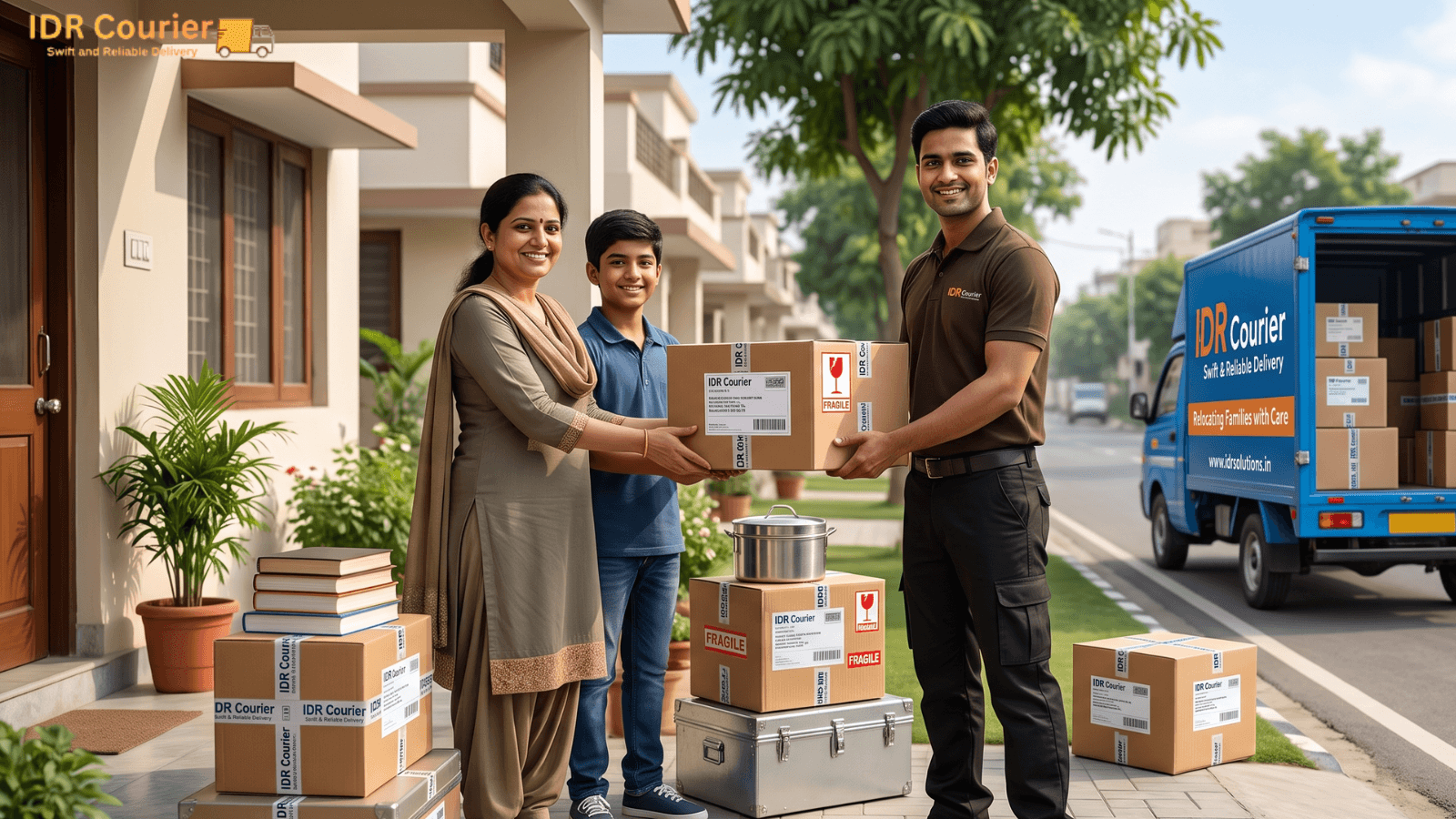 Courier executive collecting a securely packed household parcel at a doorstep pickup in Meerut Cantt