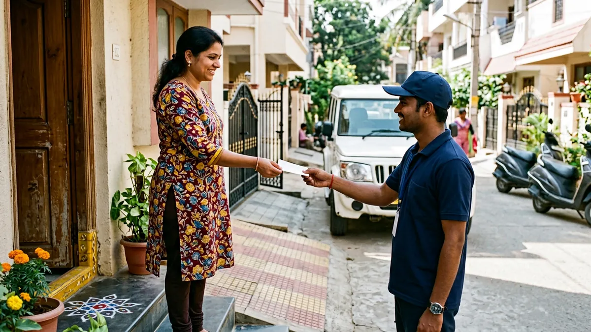 Courier executive handing over a pickup receipt at the doorstep of a home in Morar Cantt