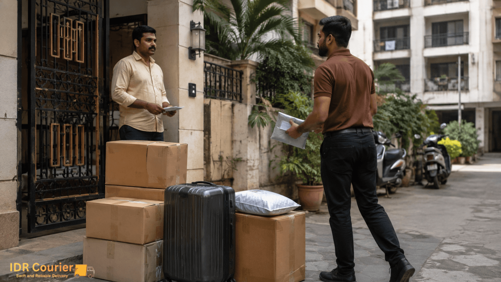 Courier executive collecting a sealed parcel at a Mumbai residential doorstep