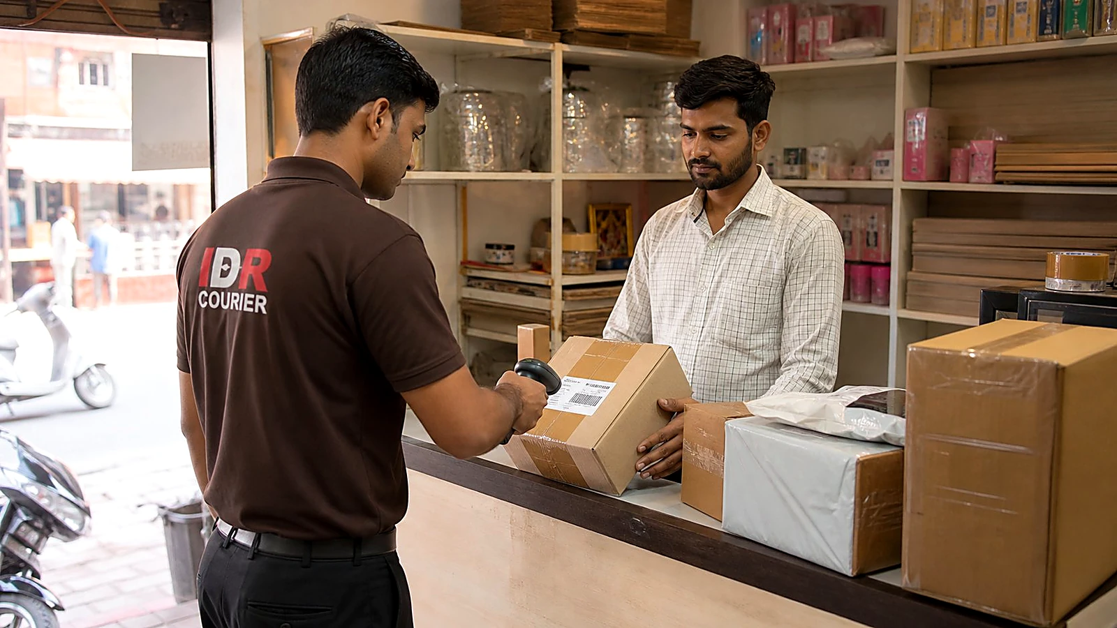 IDR Courier staff scanning a business parcel prepared by a sender in Ajmer