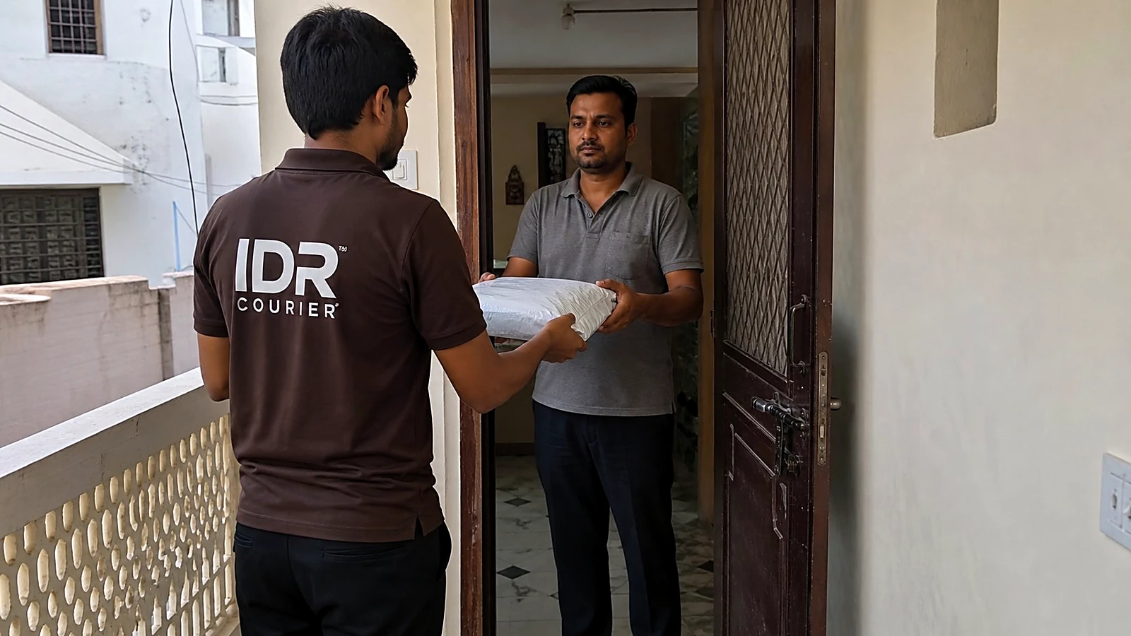 IDR Courier staff receiving a sealed parcel at a doorstep in Ajmer