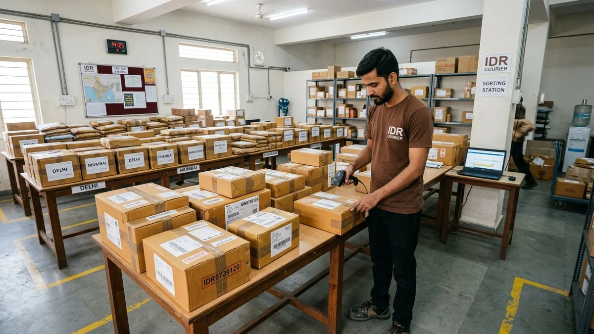 Parcels sorted and labelled by destination at an IDR courier sorting hub