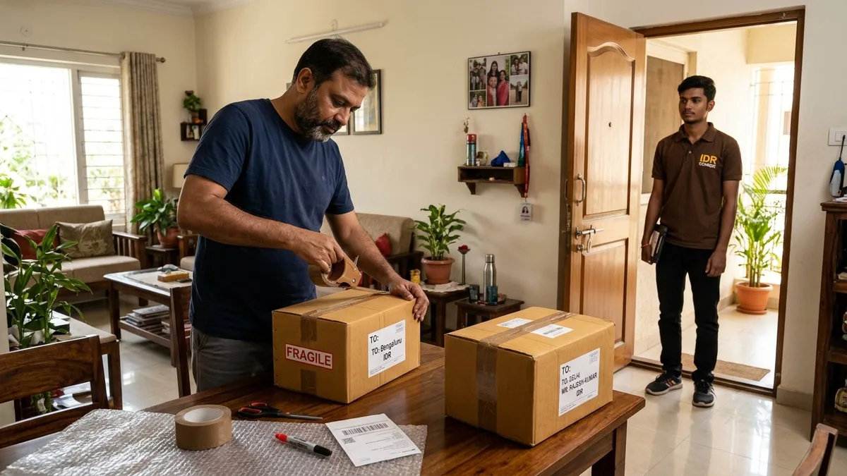 Customer sealing a labelled carton at home before parcel pickup in Burhanpur