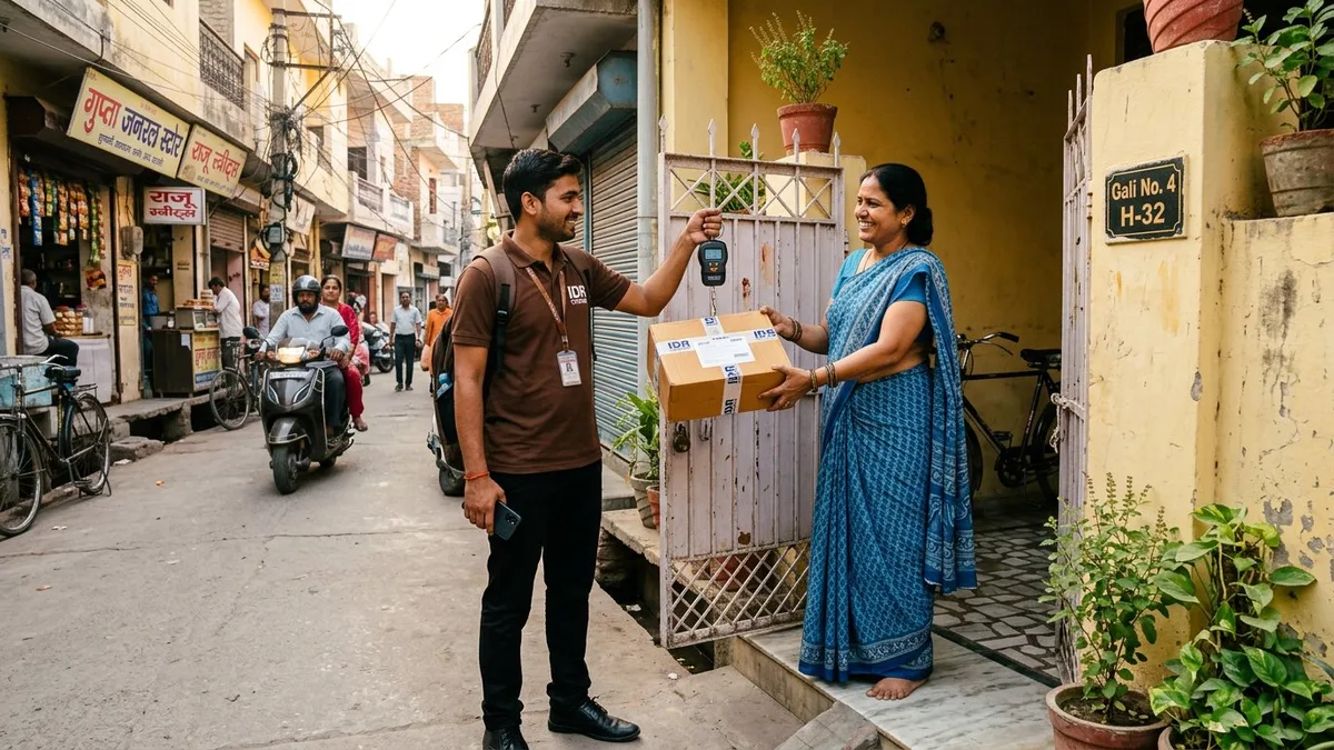 IDR executive collecting a sealed parcel at a Burhanpur home gate during doorstep pickup