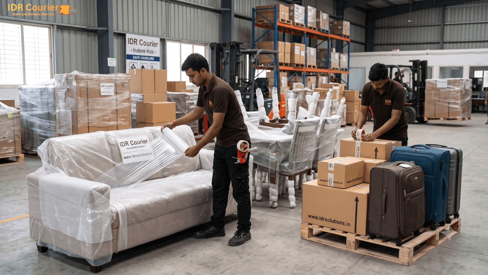 Household furniture and boxes packed for parcel courier pickup in Indore