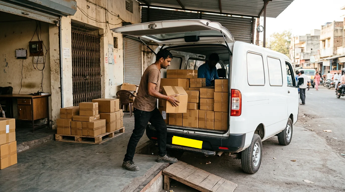 Courier worker loading parcels into a van on a city street in Madhya Pradesh