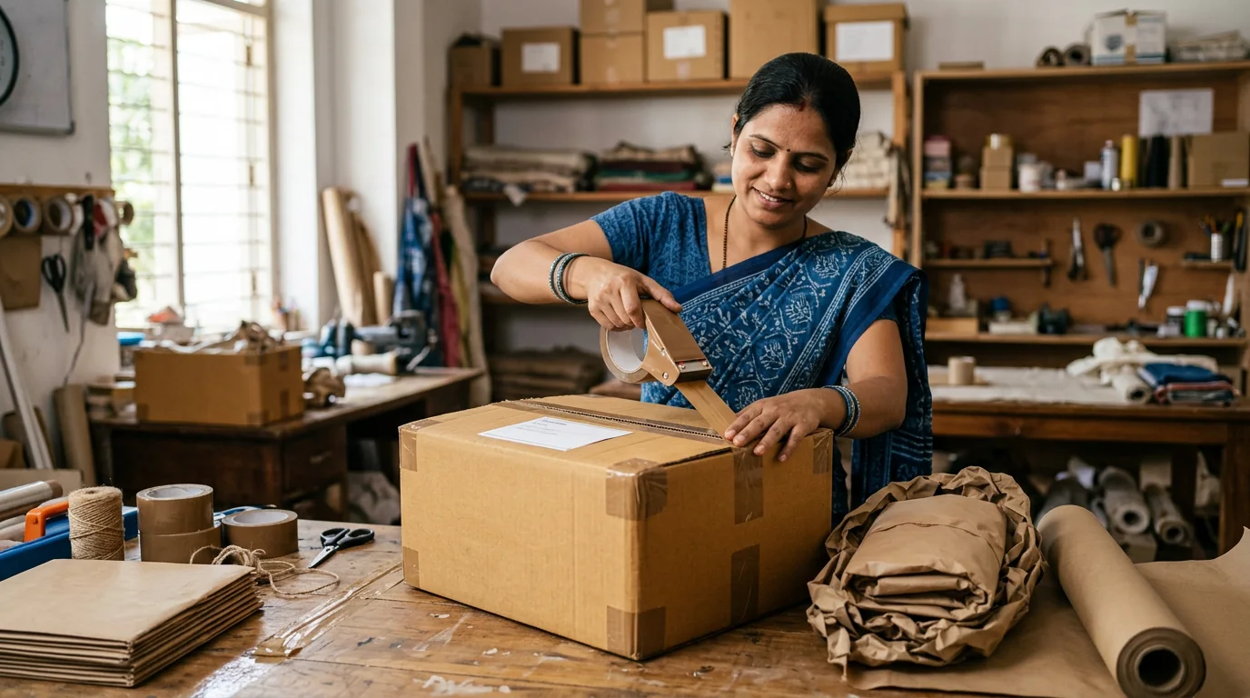 Small business owner cushioning and labeling a corrugated parcel carton