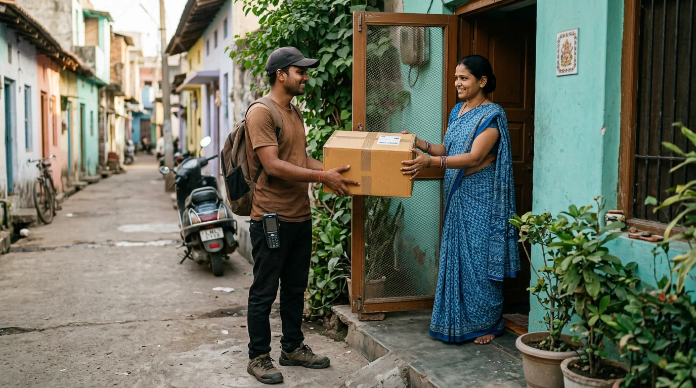 Courier worker collecting a sealed parcel from a Khandwa customer