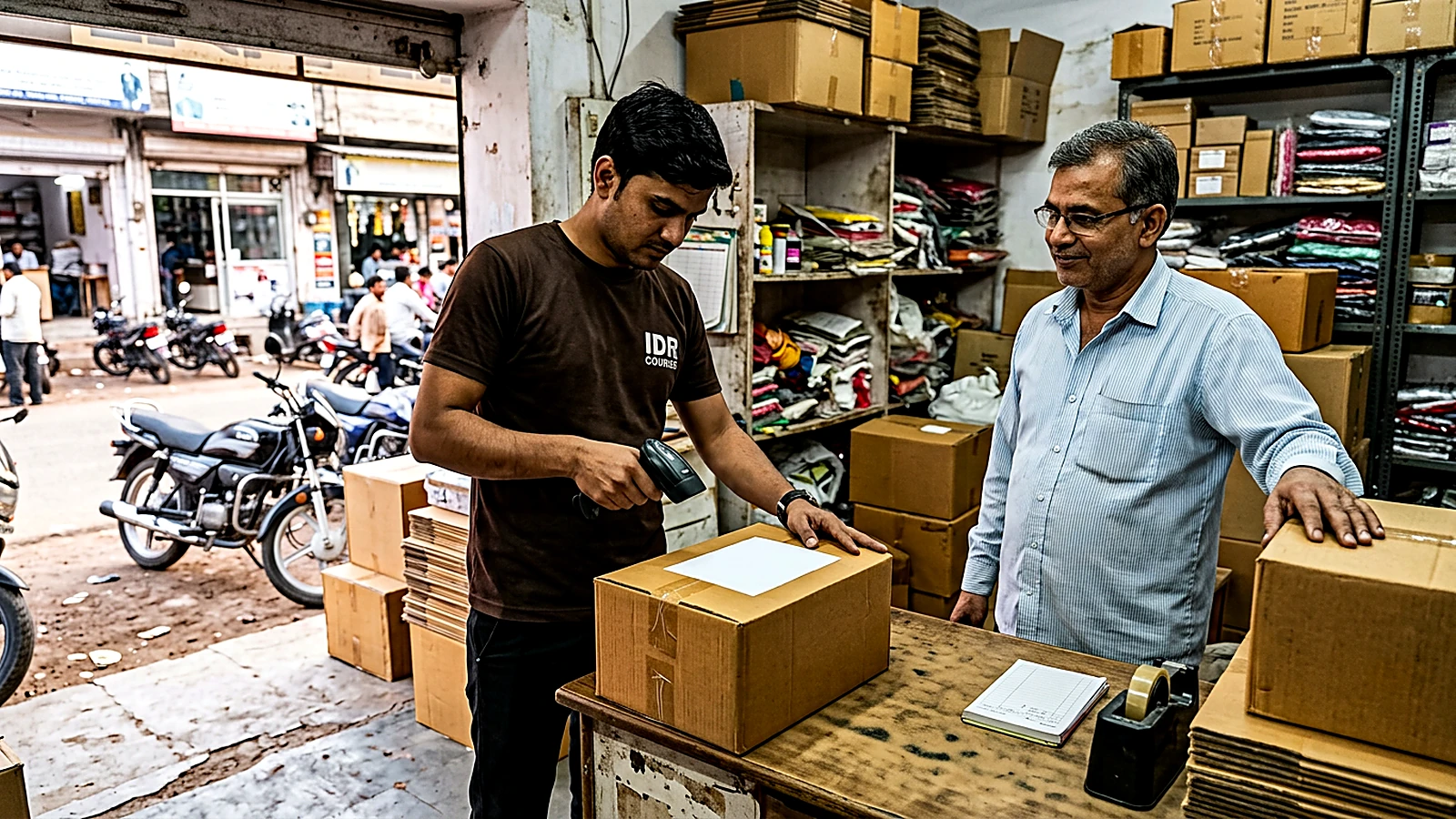 IDR Courier staff scanning a business parcel prepared by a sender in Kota