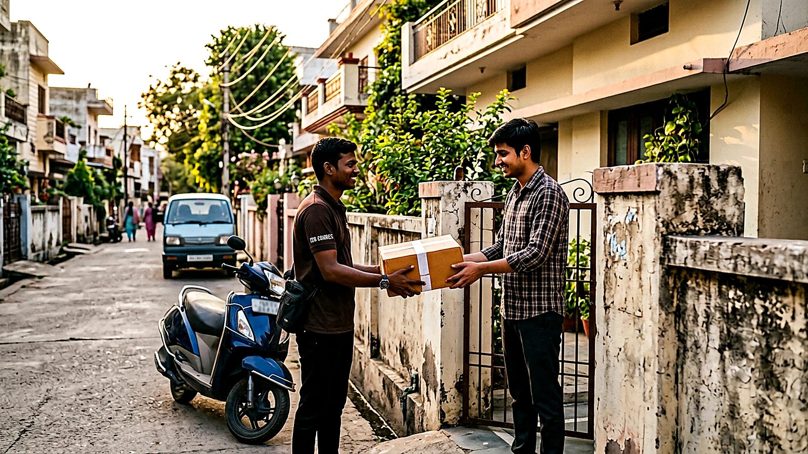 IDR Courier staff delivering a sealed parcel at a residential address in Kota