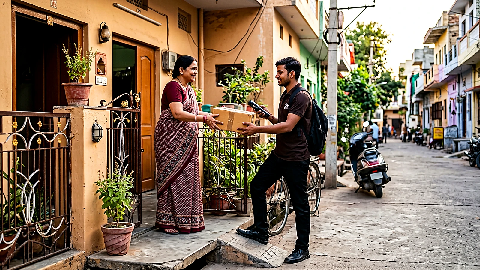IDR Courier staff receiving a sealed parcel at a doorstep in Kota