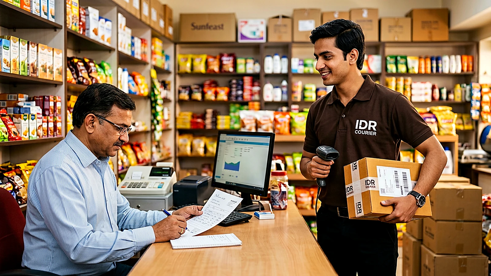 IDR Courier staff scanning a business parcel prepared by a sender in Mandsaur
