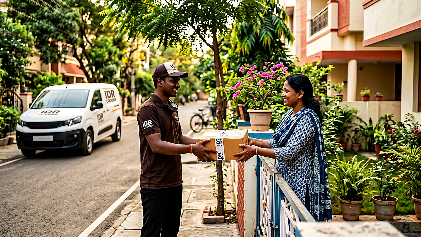IDR Courier staff delivering a sealed parcel at a residential address in Mandsaur