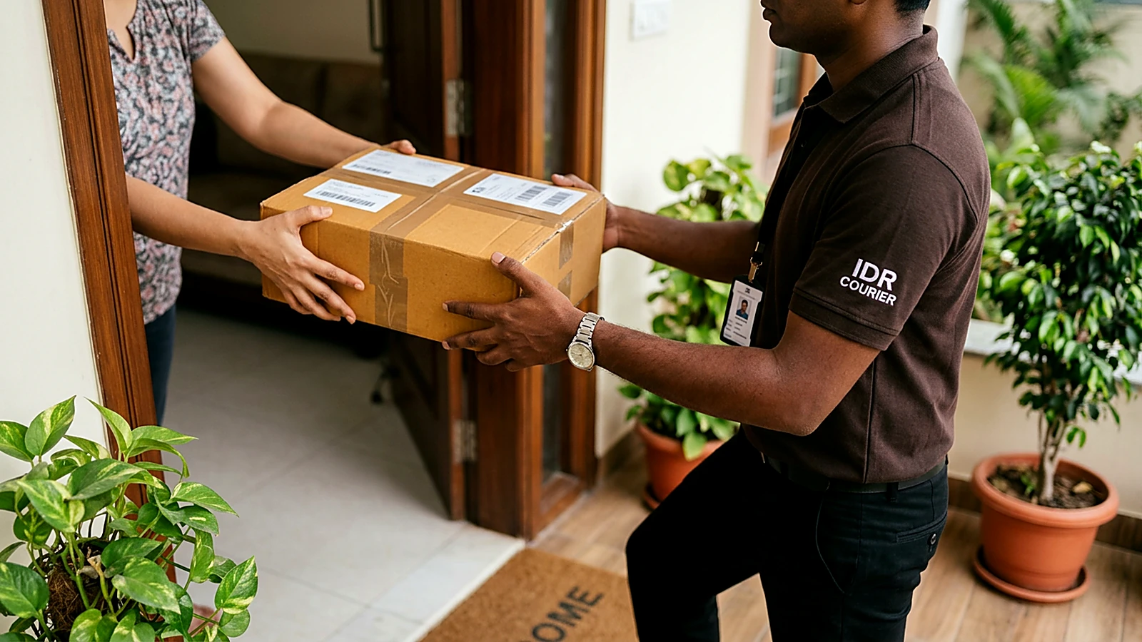 IDR Courier staff receiving a sealed parcel at a doorstep in Mandsaur