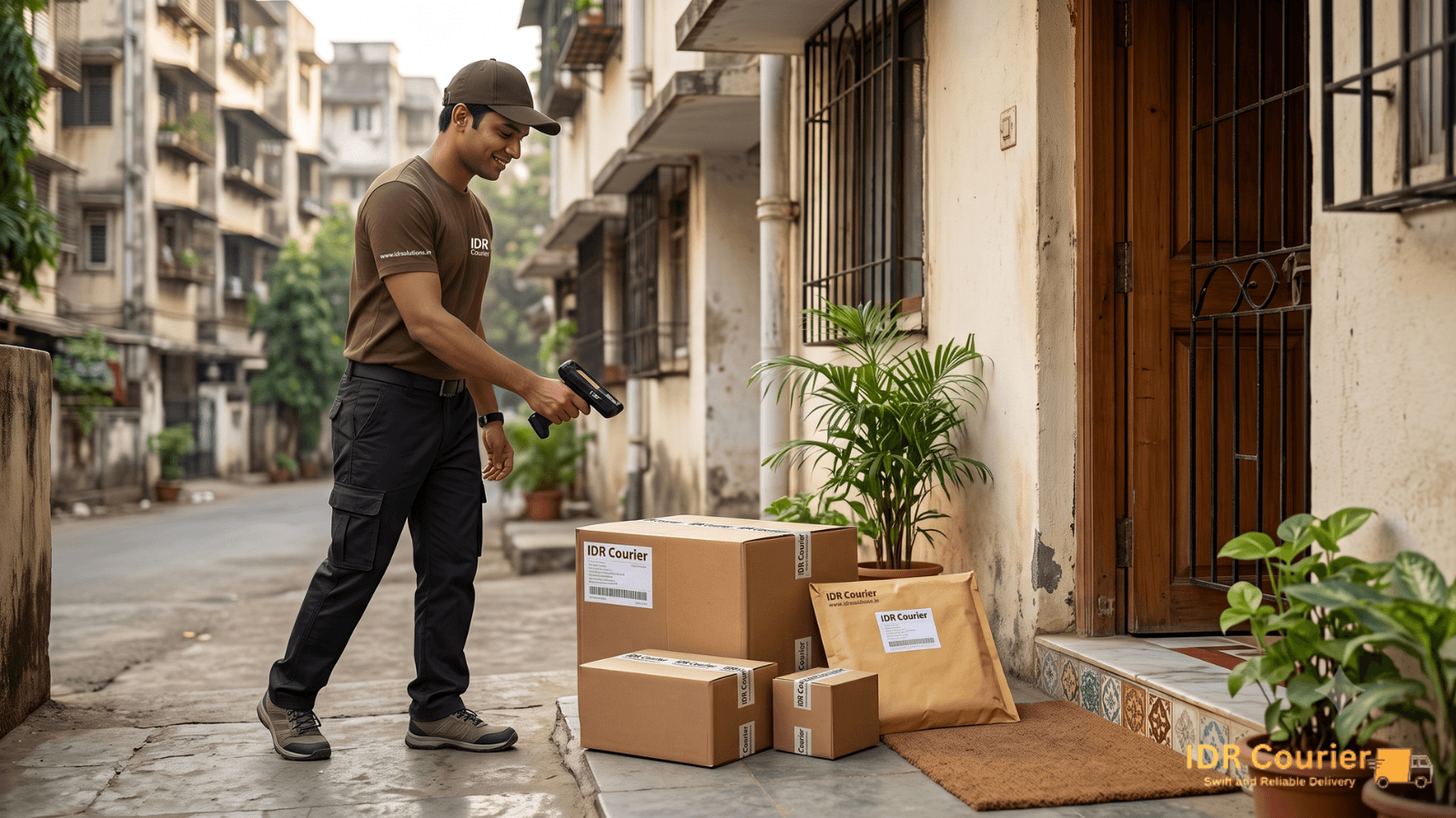 Doorstep parcel pickup being collected from a home in Mumbai