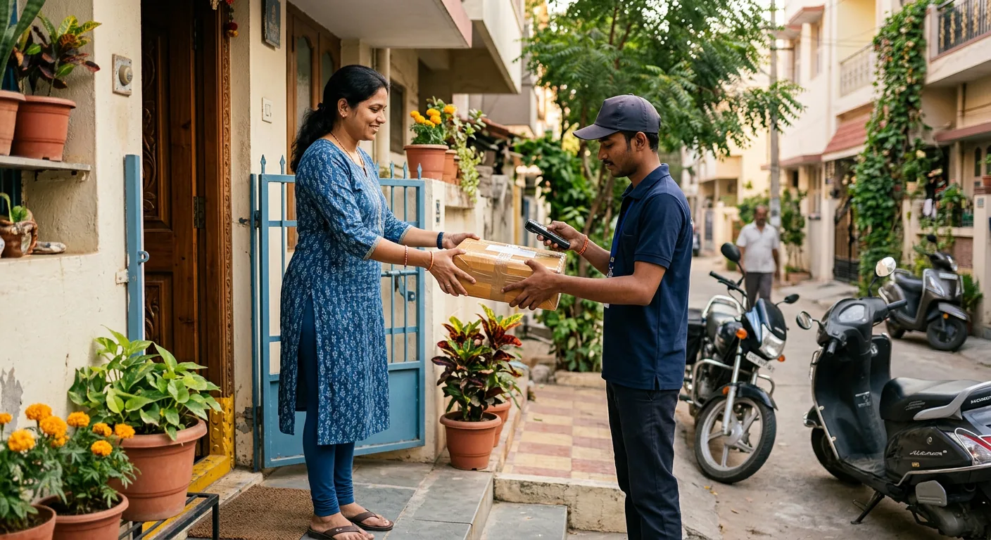 Doorstep parcel pickup from a home in Neemuch