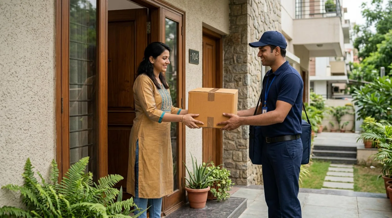 Courier professional handing a sealed parcel to a recipient at a delivery address