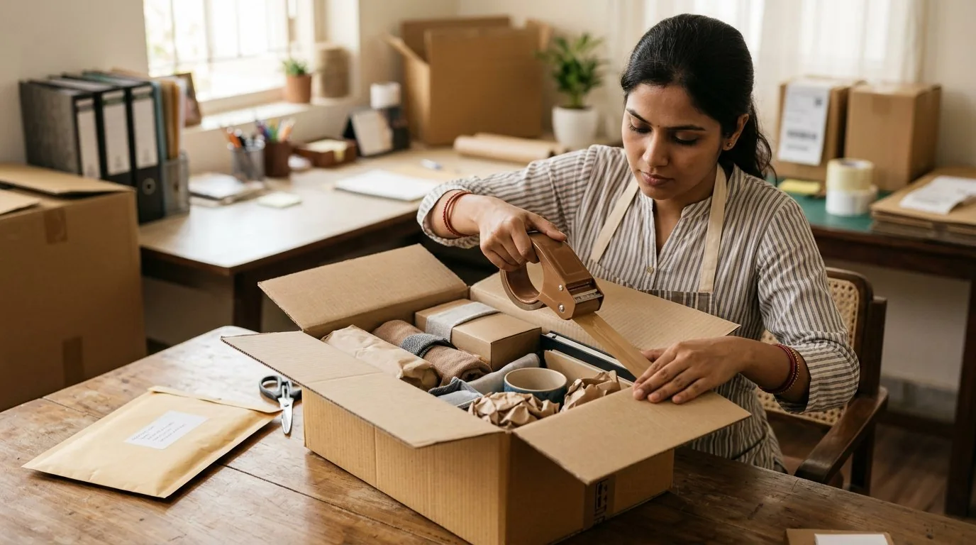 Parcel being protected with packing paper and sealed in a cardboard carton