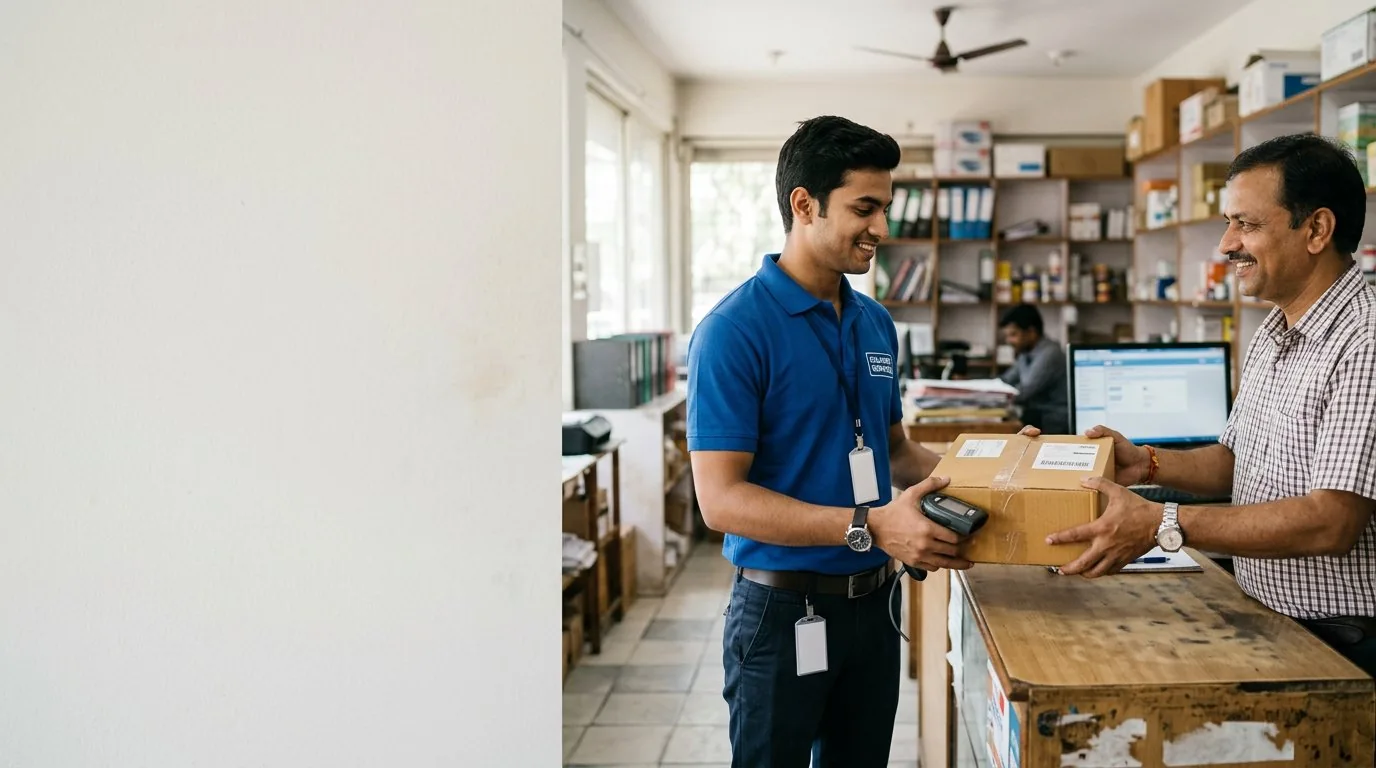 Courier professional collecting a sealed parcel from a Pithampur shop counter