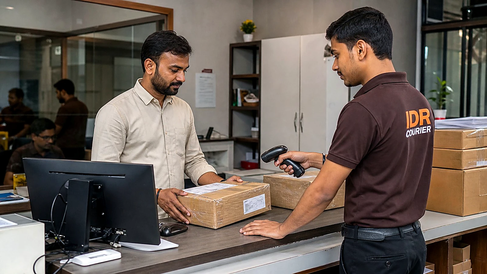 IDR Courier staff scanning a business parcel prepared by a sender in Pune