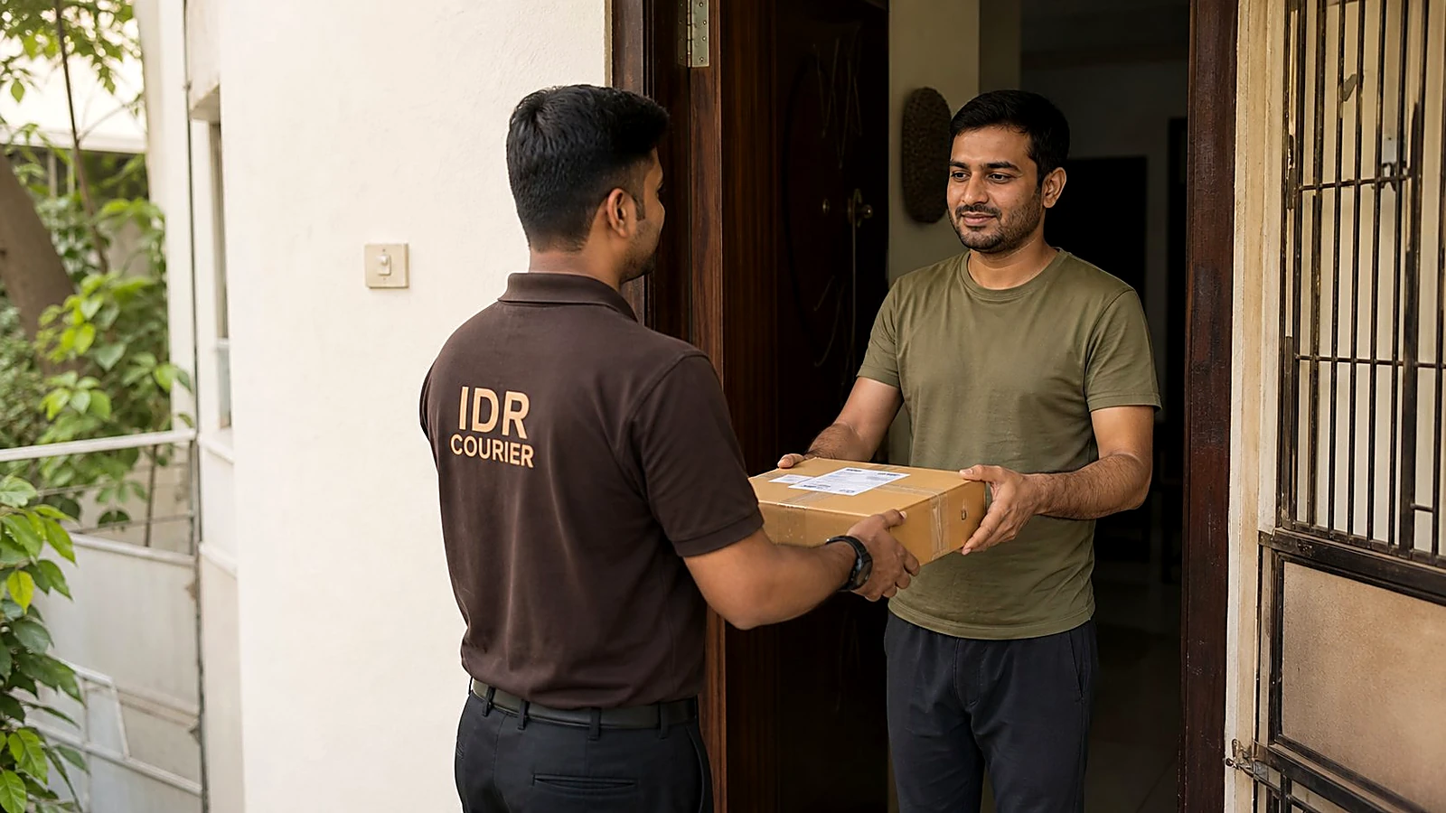 IDR Courier staff delivering a sealed parcel at a residential address in Pune