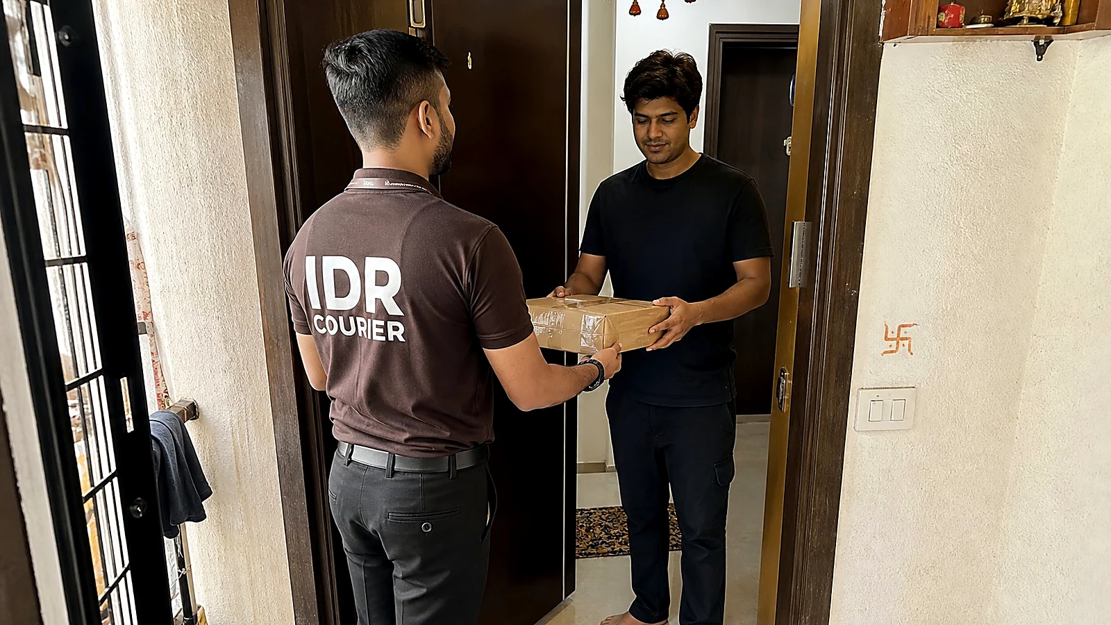 IDR Courier staff receiving a sealed parcel at a doorstep in Pune