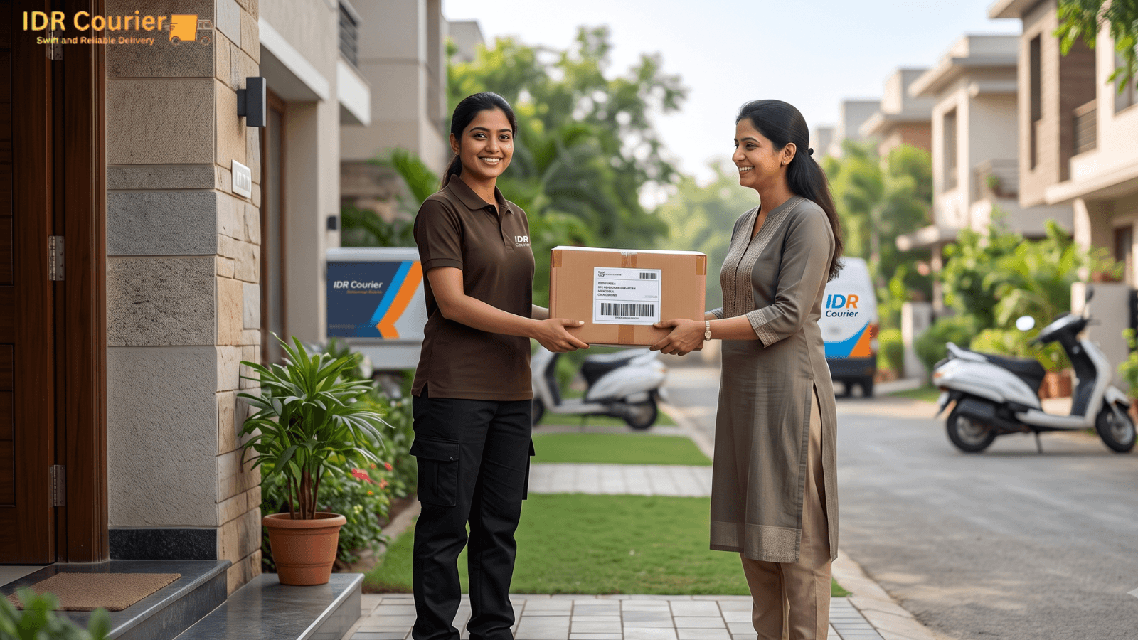 Courier delivering a parcel to a recipient's doorstep