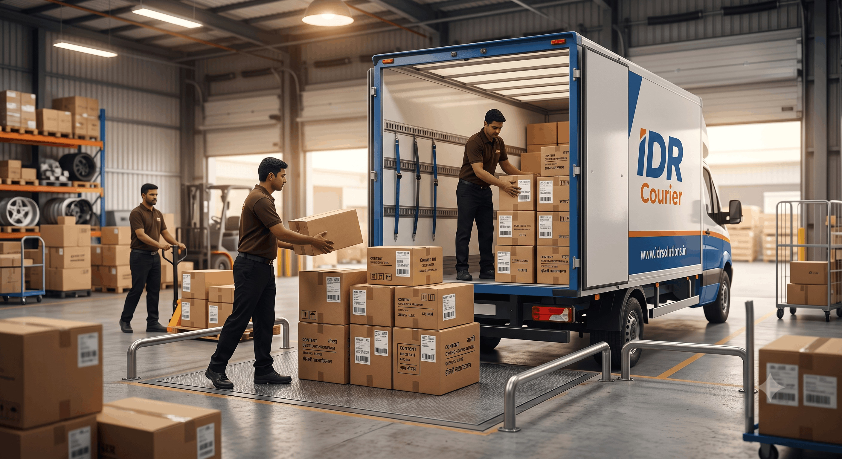 Parcels being loaded for dispatch at a courier facility in Ratlam
