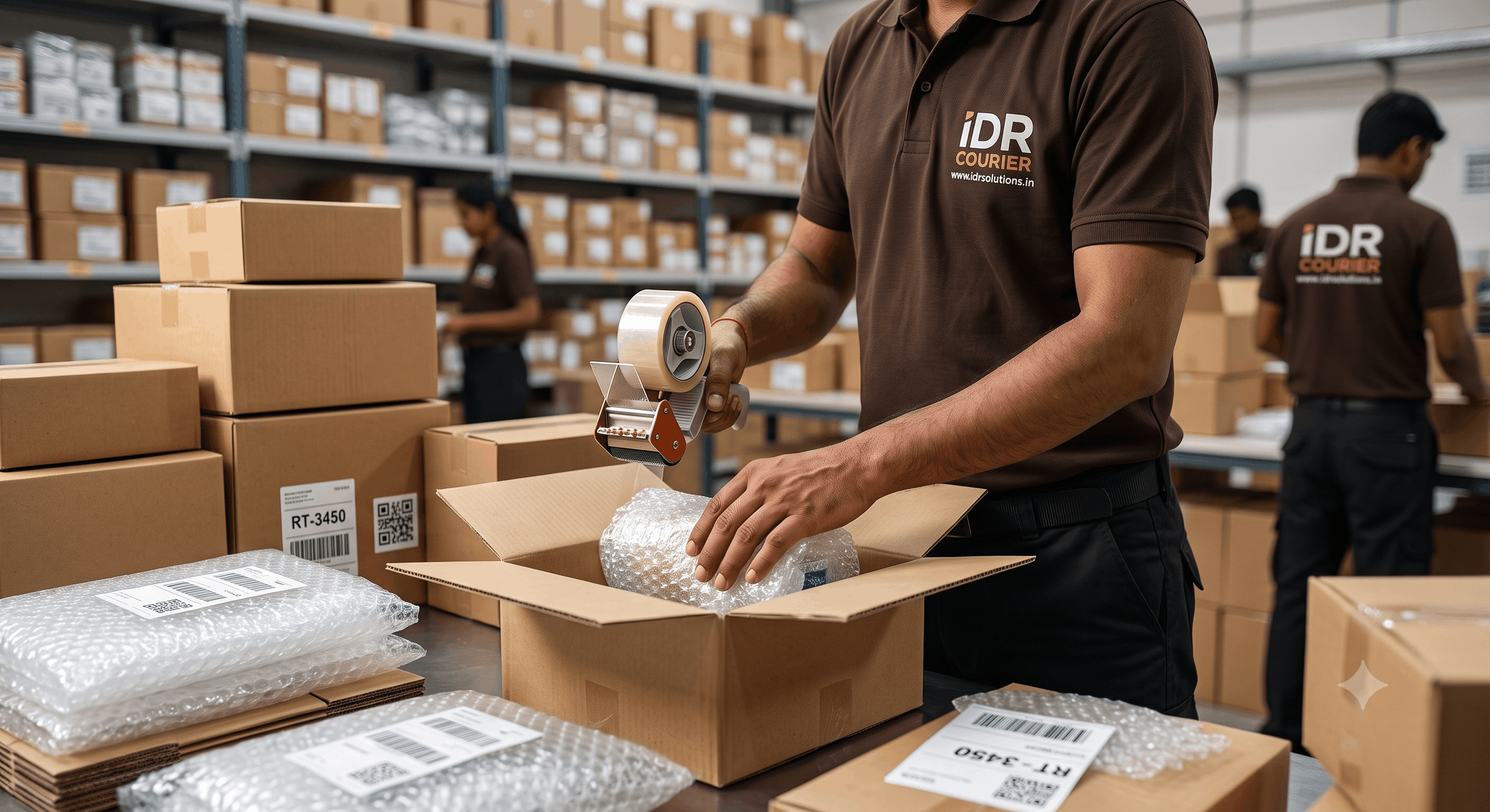 Courier staff professionally packing a parcel with bubble wrap in Ratlam