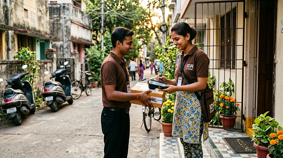 IDR Courier delivery executive handing a parcel to a customer at the destination doorstep