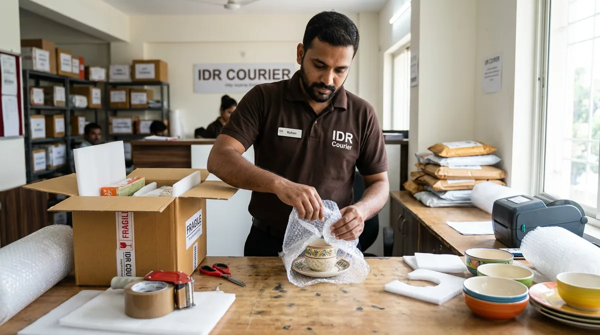 Fragile crockery being bubble-wrapped at an IDR Courier packing counter in Satna