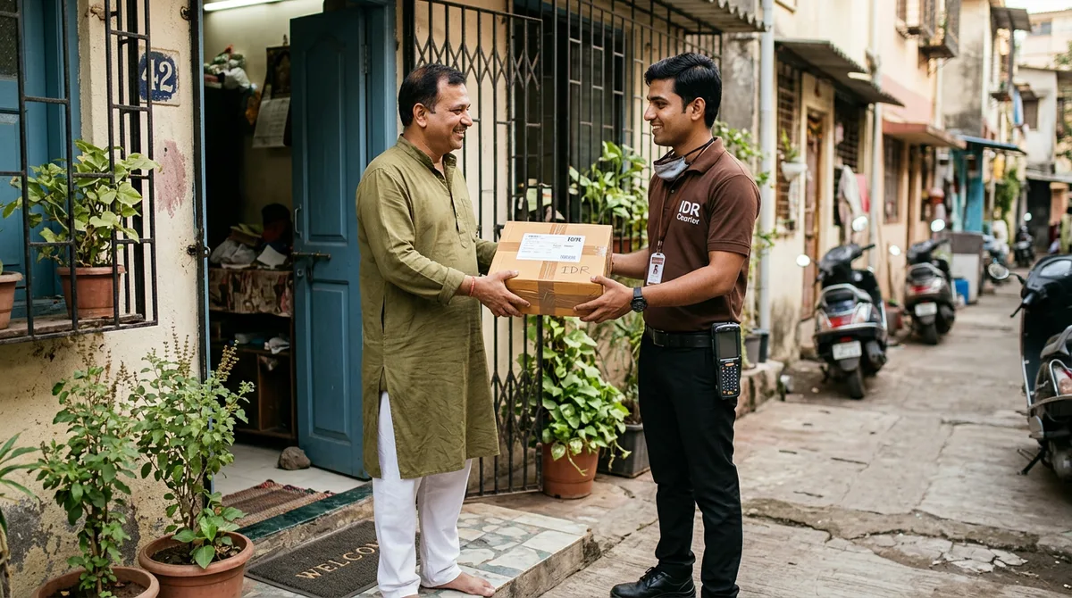 IDR Courier executive collecting a booked parcel from a customer at a Satna home doorstep