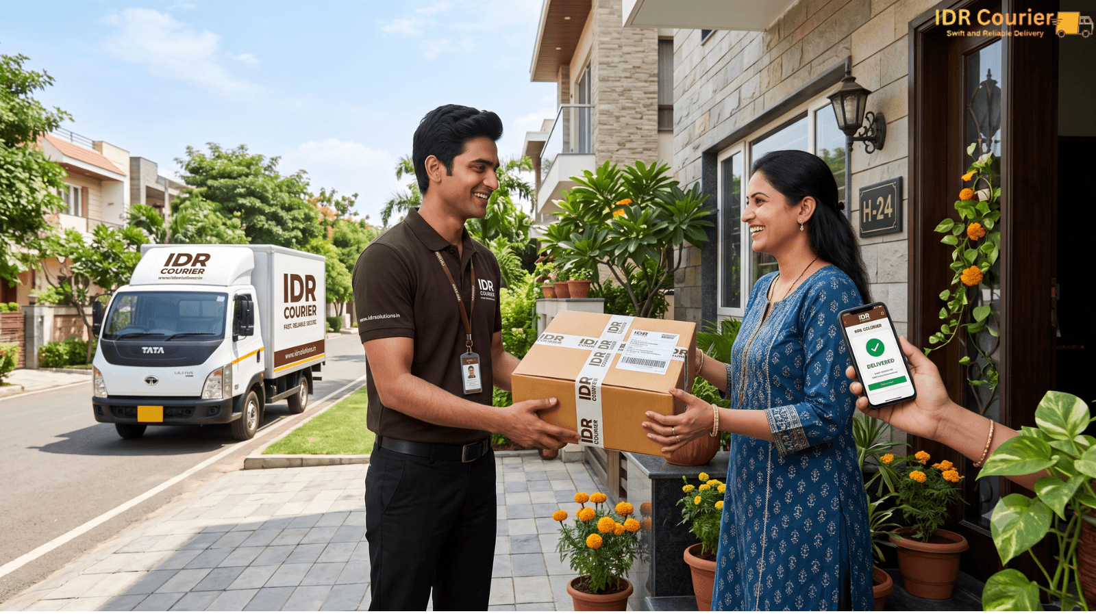 Recipient receiving parcel delivery with signature confirmation in Bhopal