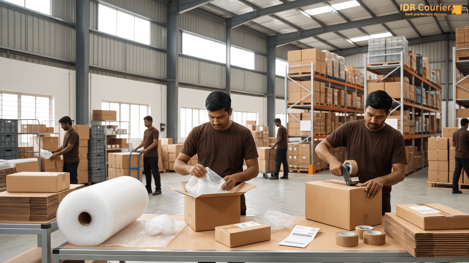 Parcel being packed with bubble wrap and tape in Bhopal facility