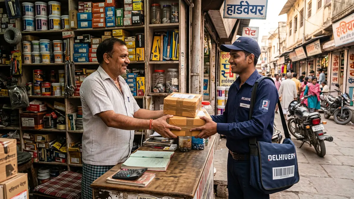Shop owner in a Gwalior market handing sealed parcels to a courier executive with a shoulder bag