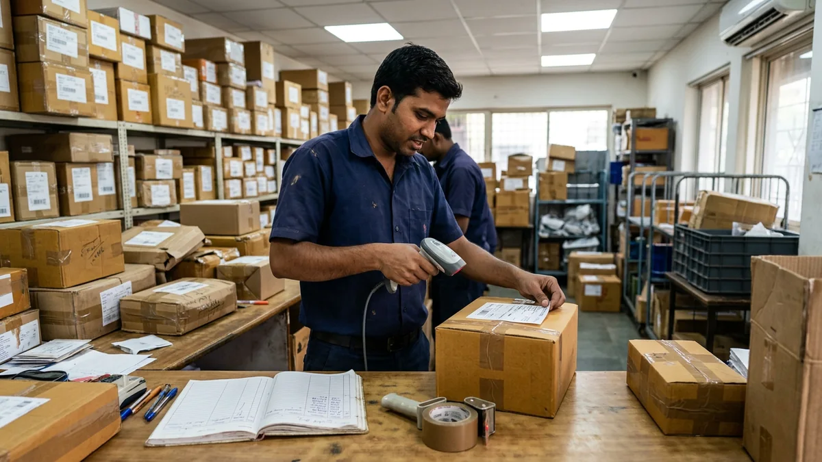 Parcels being scanned and labelled with docket slips at a courier despatch counter