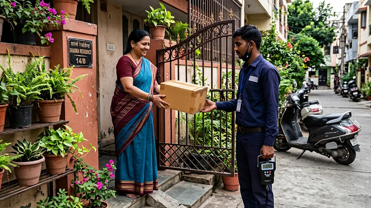 Customer handing a sealed cardboard parcel to a courier executive holding a weighing scale at an Indian home