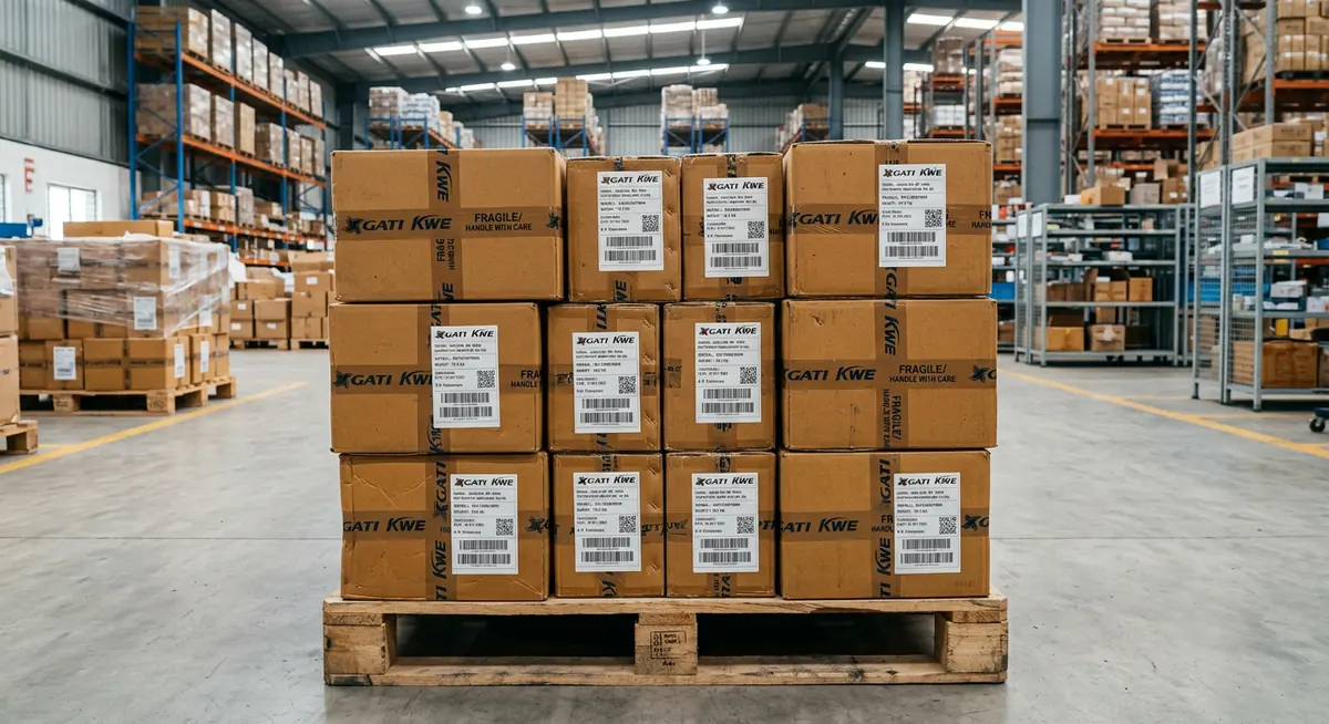 Sturdy 5-ply brown corrugated cardboard parcel boxes with barcode labels ready for dispatch in Jabalpur