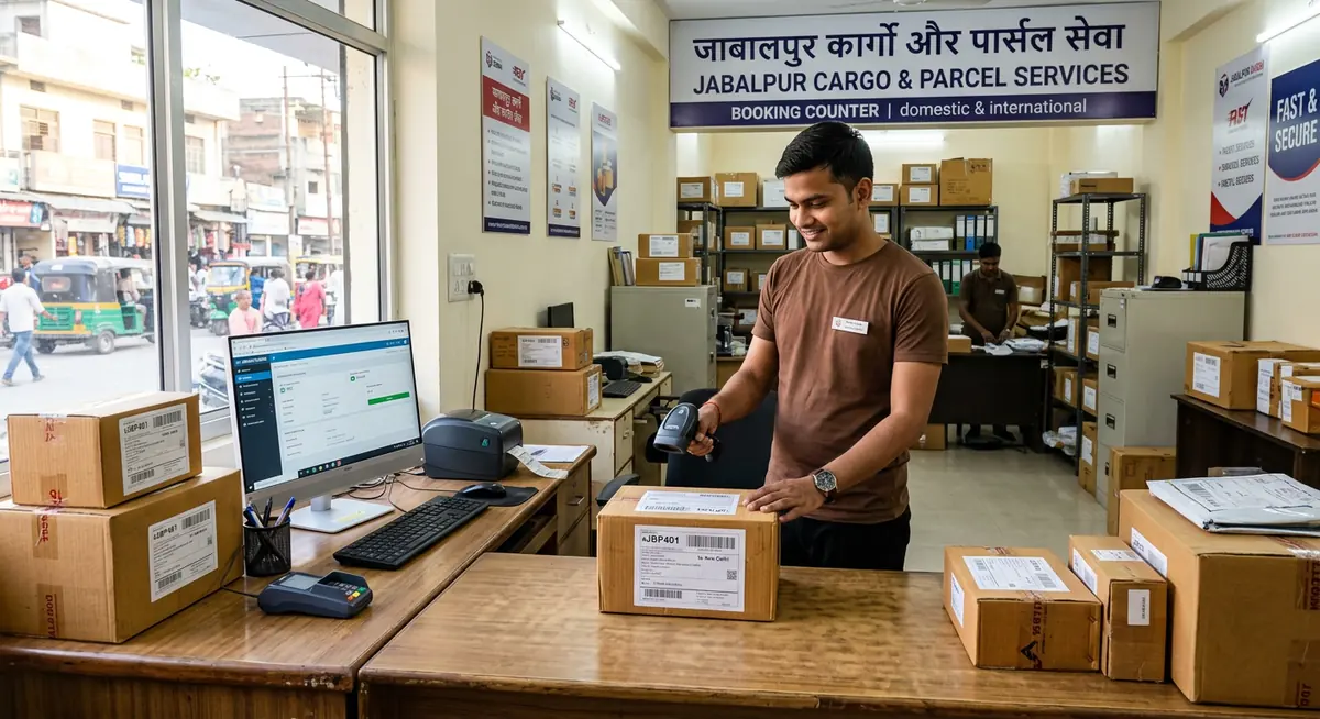 IDR Courier staff wearing brown T-shirt scanning parcel barcode dockets at Jabalpur booking counter